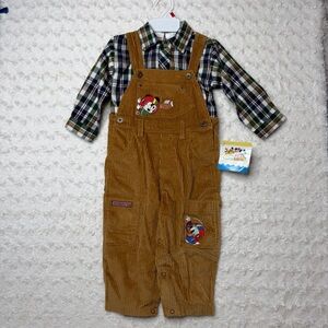 NWT Vintage Disney Babies Brown Corduroy Overalls & Plaid shirt 24 months
